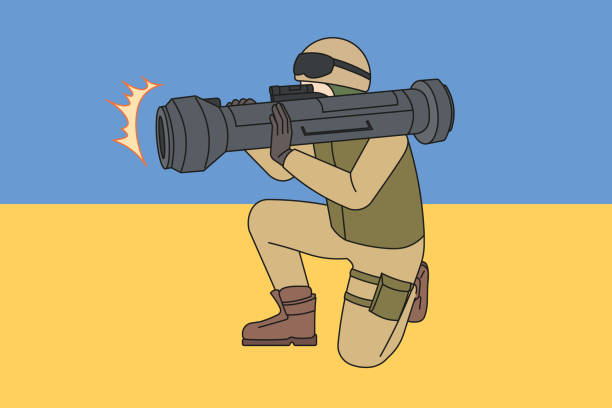 illustrations, cliparts, dessins animés et icônes de soldat avec une arme de missile sur le drapeau ukrainien isolé - military armed forces patriotism flag