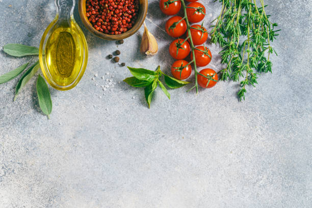 istock Food concrete background with cooking ingredients 1392595618