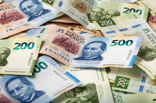 Mexican peso paper money, mexican currency background, 500 and 200 peso bills
