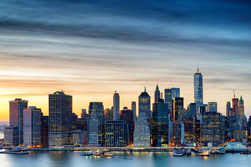 Aerial view of Brooklyn and Manhattan Bridge over East River, and midtown Manhattan Skyline from Brooklyn Heights