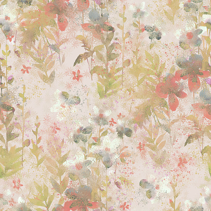 Watercolor floral seamless pattern with blurred provence plants silhouettes. Spring nature background made of meadow flowers soiled by stains and splashes of paint, grunge texture. Monochrome colors.