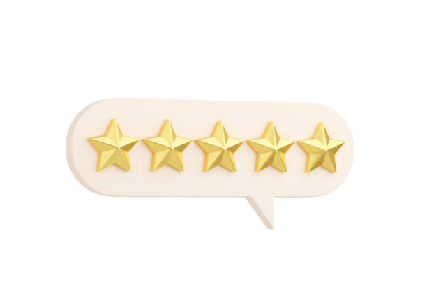 istock Customer review 3d render illustration - five golden stars on speech bubble. 1392601274