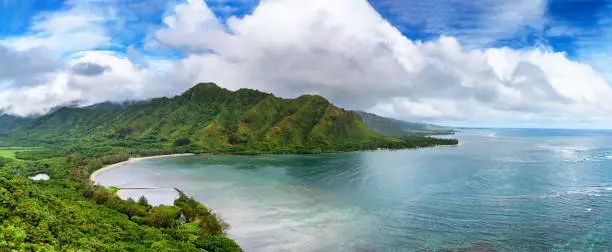 Photo of View from Crouching Lion hike, overlooking Kahana Bay on the east side of Oahu, Hawaii