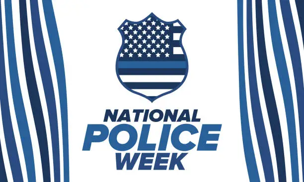 Vector illustration of National Police Week in May. Celebrated annual in United States. In honor of the police hero. Police badge and patriotic elements. Officers Memorial Day. Poster, card, banner. Vector illustration