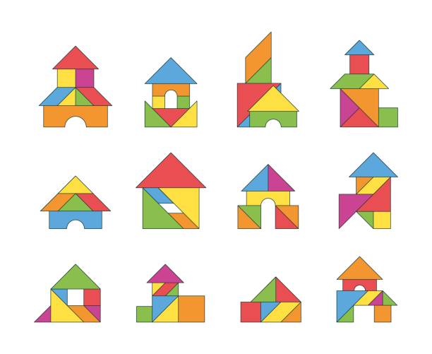 ilustraciones, imágenes clip art, dibujos animados e iconos de stock de casas tangram. los rompecabezas geométricos de triángulos forman un juego lógico para niños edificios estilizados vectoriales chillones - tangram casa