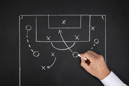 A top view of a drawing of a soccer field with chalk