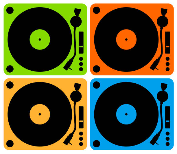 retro music vintage gramofon plakat w stylu retro desigh. disco party 60s, 70s, 80s. - record turntable disc jockey pop art stock illustrations