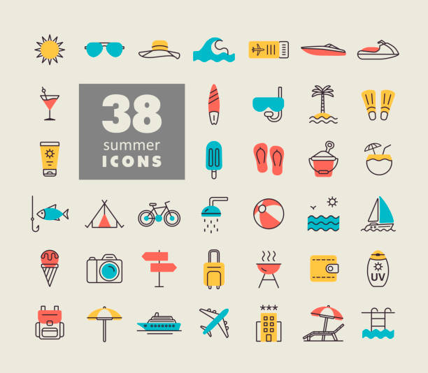 ilustrações de stock, clip art, desenhos animados e ícones de summer vector flat icons set. summertime sign - beach