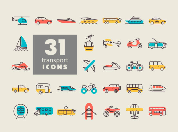 illustrazioni stock, clip art, cartoni animati e icone di tendenza di set di icone piatte vettoriali di trasporto isolato - bicycle racer