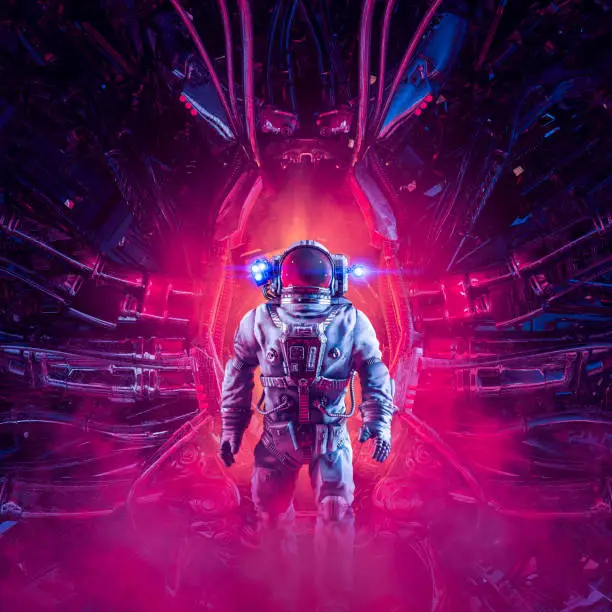 3D illustration of science fiction astronaut exploring alien space ship interior