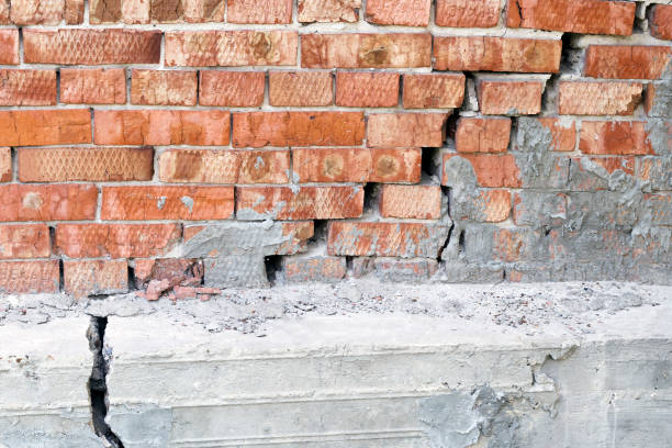 istock Large crack in house Foundation and a brick wall. Background with copy space for text 1392607977