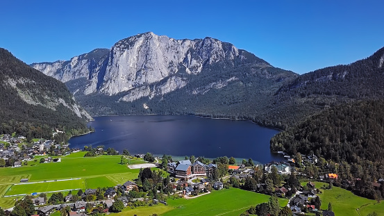 Beautiful valley and village of Lake Lungern or Lungerersee in Obwalden, swiss village Lungern in Switzerland