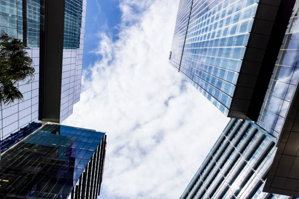 Low angle view of modern office buildings, skyscrapers, sky background with copy space, full frame horizontal composition