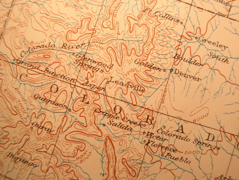 Antique map 1916 government-copyright free. Rich paper texture and warm colors make this a nice background or decor print. Centered on The Rocky Mountians west of Denver. Includes many ski and wilderness areas. Also old mining areas.