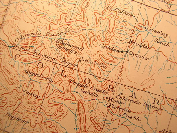 Antique map, Colorado Antique map 1916 government-copyright free. Rich paper texture and warm colors make this a nice background or decor print. Centered on The Rocky Mountians west of Denver. Includes many ski and wilderness areas. Also old mining areas. leadville stock pictures, royalty-free photos & images