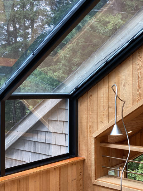 istock The Sea Ranch: Atrium in home with skylight and rustic redwood panels with modern lamp 1392621269