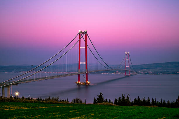 1915 Canakkale Bridge. Canakkale Turkey 1915 Canakkale Bridge and Motorway Project comprises 88 km of motorway including the 1915Çanakkale Bridge and 13 km of access roads stretching between Malkara and Çanakkale. Selective focus. dardanelles stock pictures, royalty-free photos & images