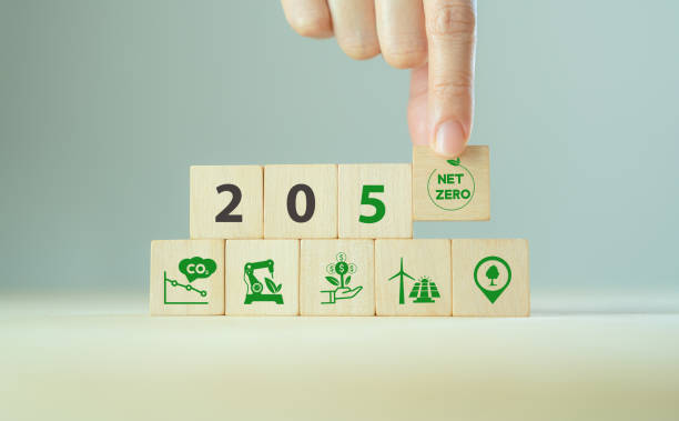 istock Net zero by 2050. Carbon neutral. Net zero greenhouse gas emissions target. Climate neutral long term strategy. No toxic gases. Hand puts wooden cubes with net zero icon in 2050 on grey background. 1392624296