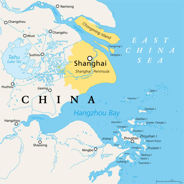Shanghai and the Yangtze River Delta, political map with major cities Shanghai and the Yangtze River Delta, political map with major cities. Megalopolis of China, located where the Yangtze River drains into the East China Sea, with Hangzhou Bay and Zhoushan Archipelago. yangtze river stock illustrations