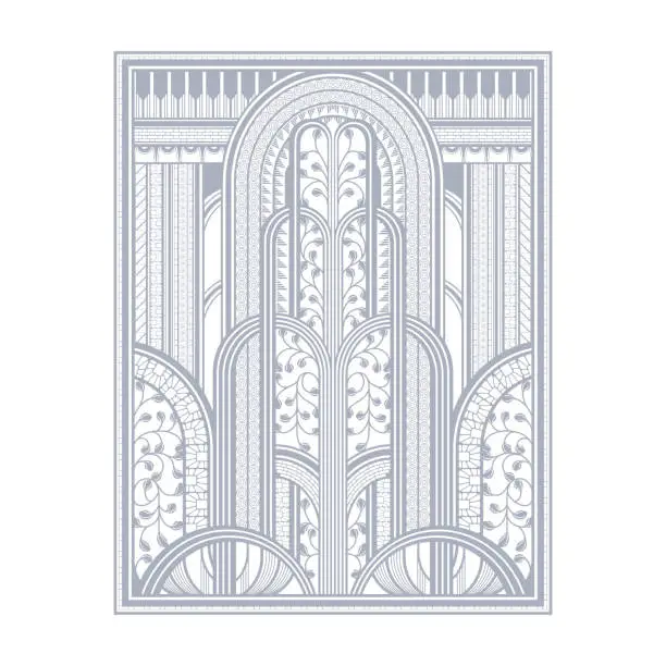 Vector illustration of Gray art deco panels with fountain isolated on white background
