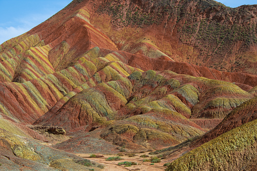 Close up on the geological layers of the rainbow mountains in Zhangye Danxia National Park, Gansu, China. Background, wallpaper, UNESCO World heritage site