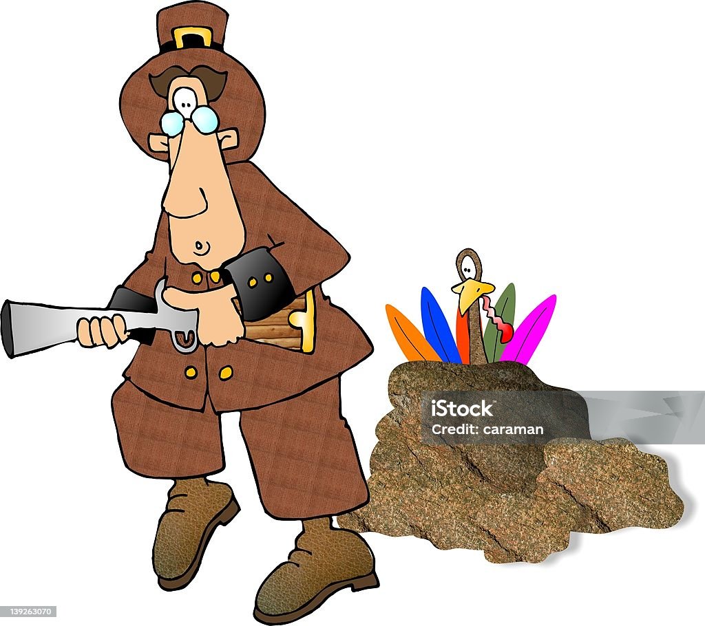 Hide & Seek Turkey This illustration that I created depicts a Pilgrim in traditional dress walking with his blunderbust gun.  There is a turkey hiding behind a nearby rock. Adult stock illustration