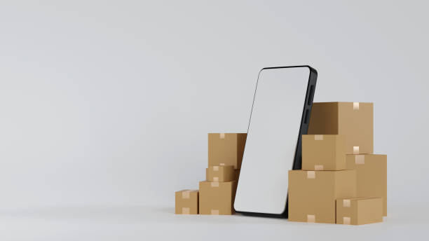istock Mobile phone or smartphone with brown cardboard boxes parcel, online shopping express delivery concept, 3d rendering. 1392637215