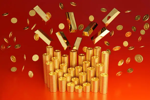 Coins explosion or falling gold coin, jackpot casino or business success concept, 3d rendering.