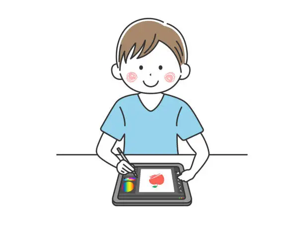 Vector illustration of A man who draws an illustration using a pen tablet.