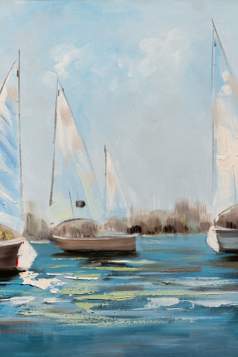 Fragment of oil painting on canvas depicting sailing boats over water oil painting on canvas. Impasto artwork. Impressionism art.. Impasto artwork. Impressionism art.