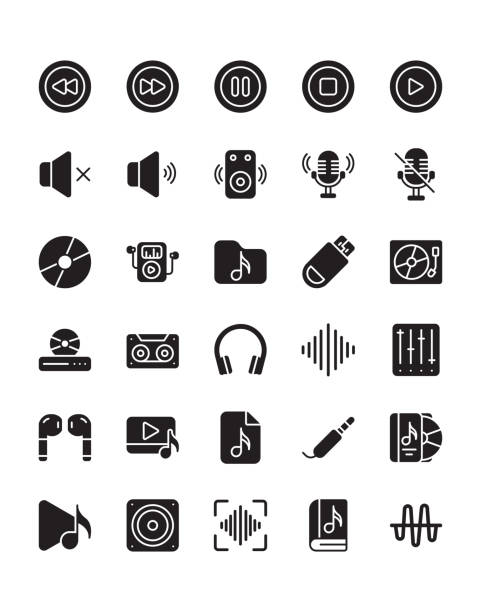 ilustrações, clipart, desenhos animados e ícones de conjunto de ícone de áudio 30 isolado no fundo branco - dvd player computer icon symbol icon set