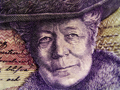 Closeup of a swedish 20 kr note, featuring the swedish writer Selma Lagerloef