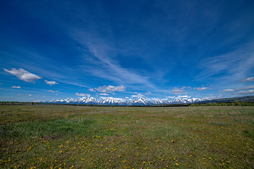 Wide shot of the Teton range in Wyoming in the Grand Teton National Park near Jackson Hole, Wyoming in western United States of America (USA).