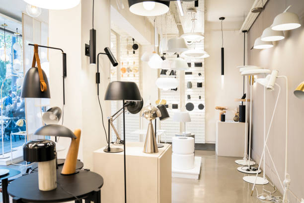 istock Wide view of interior of modern lighting store 1392649749