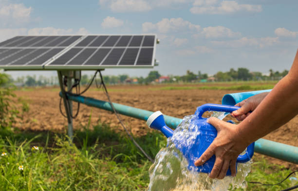 istock Water pumps and solar panels in farm. 1392650660