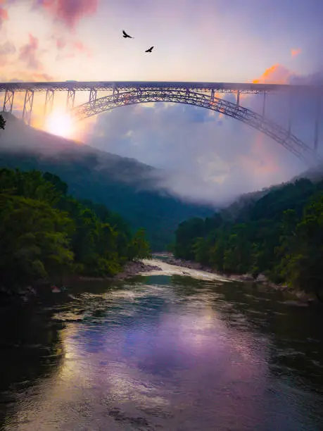 Sunset below the New River Gorge bridge in West Virginia