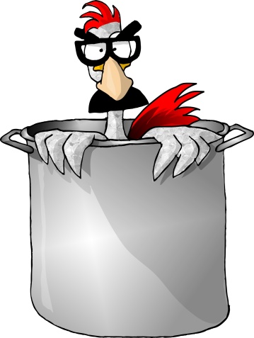 This illustration that I created depicts a chicken with a Groucho mask peering out of a soup stock pot.