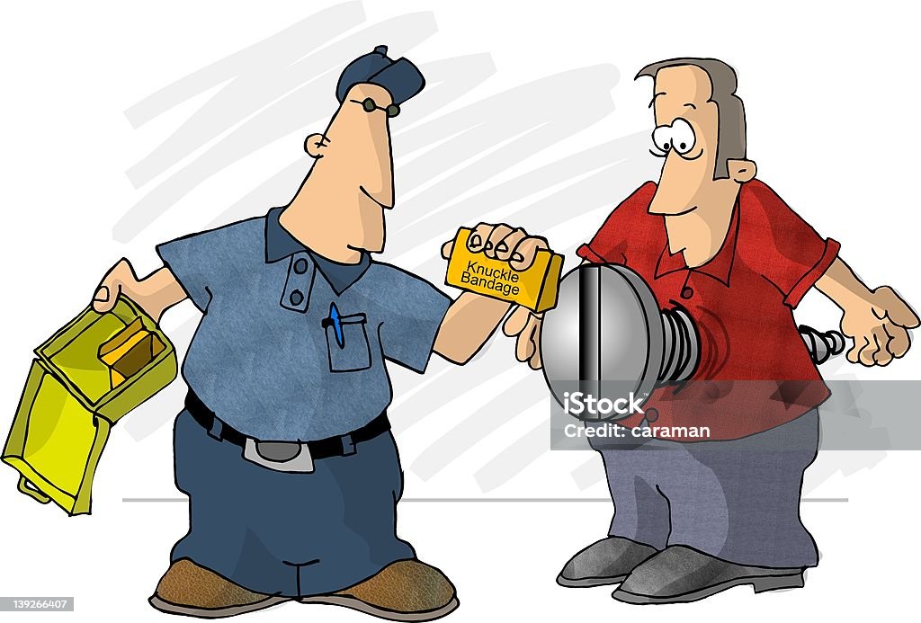 First Aid This illustration that I created depicts a man with a large screw through his belly.  Another man is checking his first aid kit which contains only knuckle bandages. Adhesive Bandage stock illustration