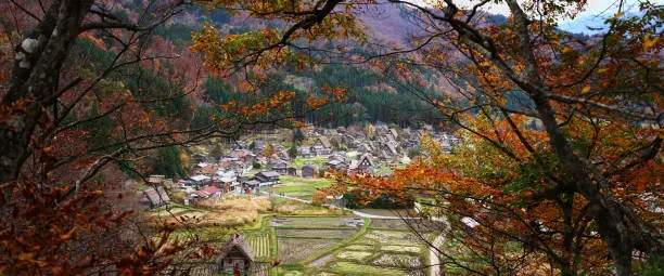 Panoramic Gassho-zukuri houses at Historic Villages of Shirakawago in Gifu prefecture of Japan.