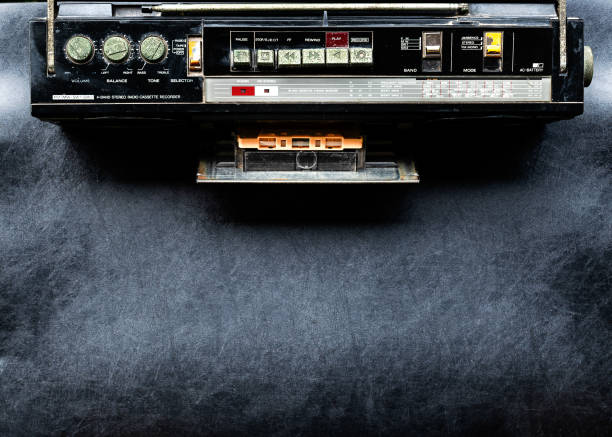 Top view retro radio on black floor with copy space