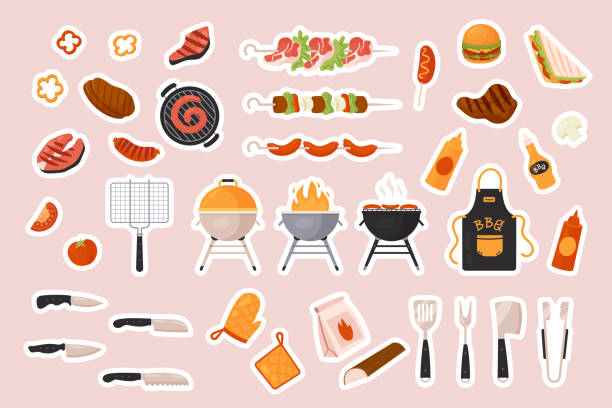 BBQ grill food stickers set for social media chat or sms, barbecue, kebab menu to eat BBQ grill food stickers set for social media chat or sms isolated vector illustration. Cartoon pig and cow barbecue sausages, kebab menu to eat on picnic party, cooking tools. Fastfood concept meat cartoon stock illustrations