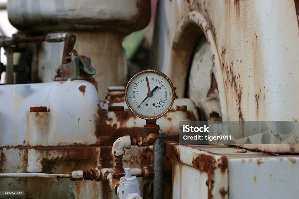 rusty gauge pressure gauge on an old steam machine Emotional Stress Stock Photo