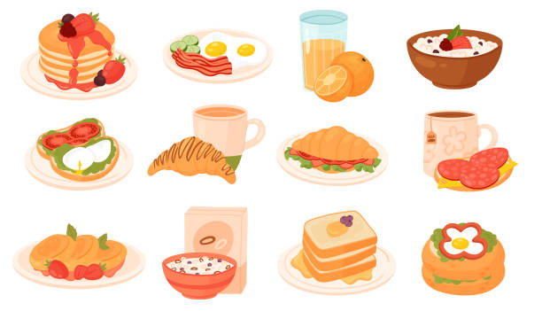 ilustrações, clipart, desenhos animados e ícones de café da manhã, menu de brunch, brindes e croissants no prato e chá, sanduíche, ovo frito - breakfast eggs plate bacon