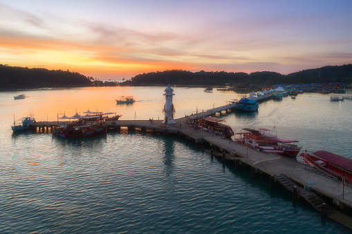 Aerial landscape view of the pier at Bangbao village on Koh Chang, Thailand.