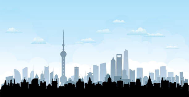 illustrazioni stock, clip art, cartoni animati e icone di tendenza di skyline di shanghai (tutti gli edifici sono completi e spostabili) - huangpu district illustrations