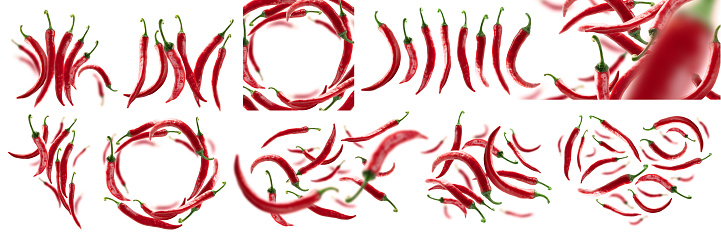 A set of photos. Red hot pepper levitates on a white background.