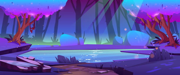 Night forest landscape with secret pond and trees Night forest landscape with secret pond and neon glowing trees. Fantasy nature cartoon background with calm lake with moonlight reflection on surface. Wild beautiful scenery wood, Vector illustration fantasy moonlight beach stock illustrations