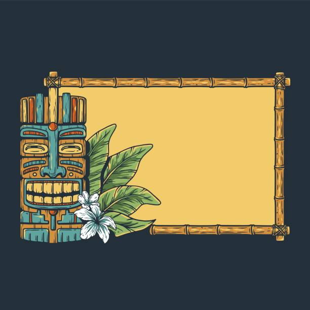 Tiki background with tiki mask, tropical frame Tiki background with tiki mask, tropical frame and exotic leaves for summer hawaii surfing or beach bar totem pole face stock illustrations