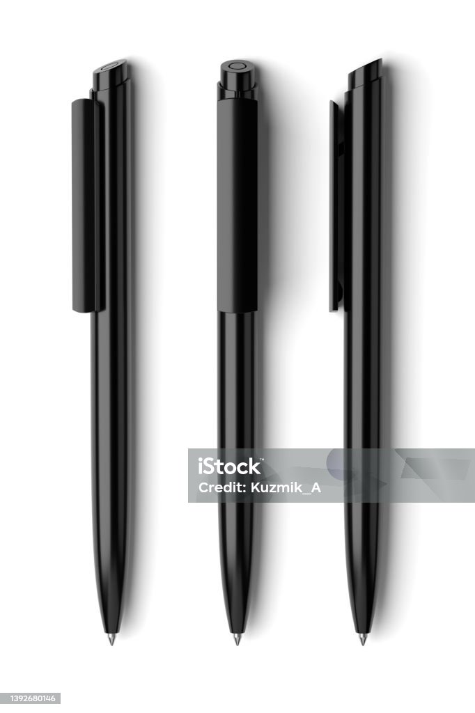 Three black ballpoint pens isolated. 3D rendering illustration. Three black ballpoint pens isolated on white background. Template for mockup branding stationery. 3D rendering illustration. Pen Stock Photo