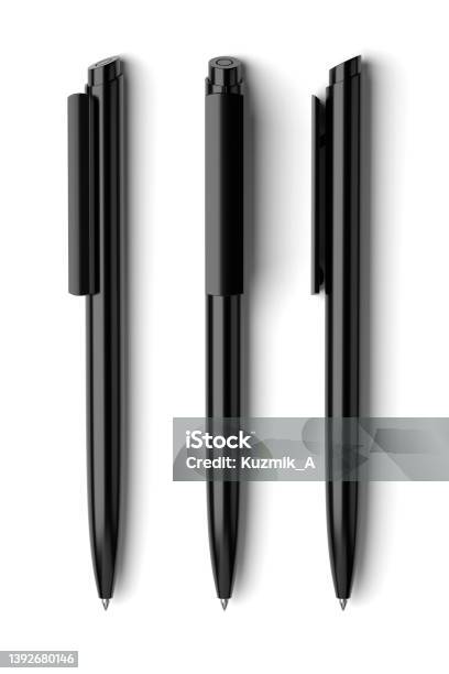 Three Black Ballpoint Pens Isolated 3d Rendering Illustration Stock Photo - Download Image Now